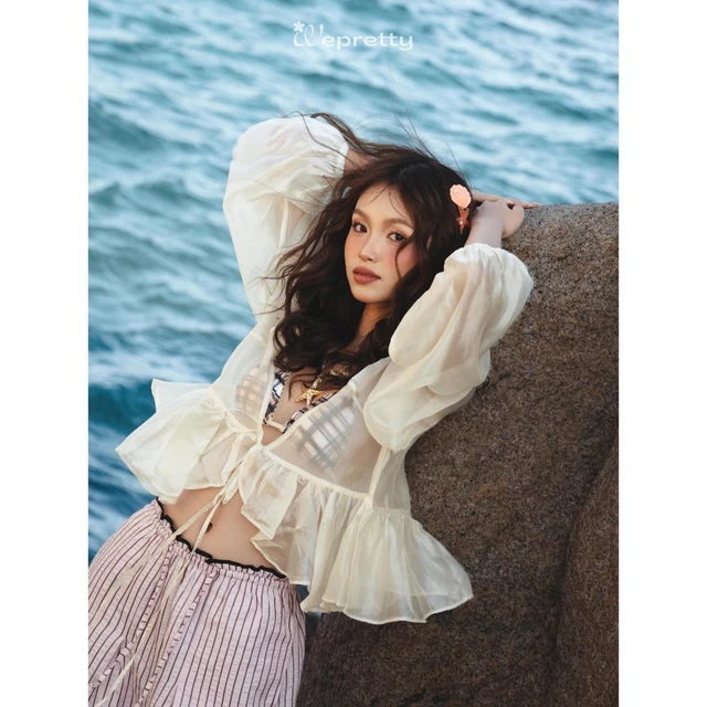 [Tặng Áo Quây] AH13 MERMAID TOP Áo khoác Cardigan Chất Tơ Mềm Ngắn Cột Dây Tay Dài Áo Cardigan Khoác Ngoài,Áo Khoác Voan
