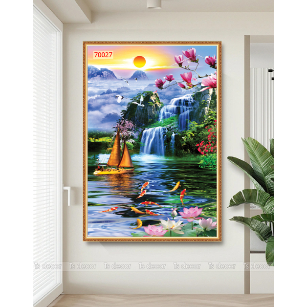 Mẫu tranh lụa dán tường 3D cao cấp phong cảnh sơn thủy hữu tình đẹp. KHỔ DỌC