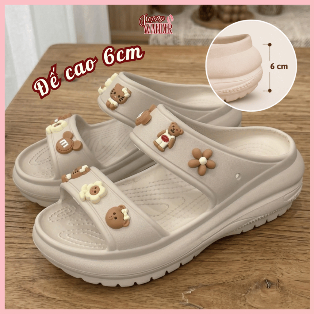 Dép Bánh Mì Nữ Đế Cao 6cm Chống Trơn Trượt, Dép 2 Quai Ngang Tặng Kèm Charm Gấu Trái Tim Dễ Thương