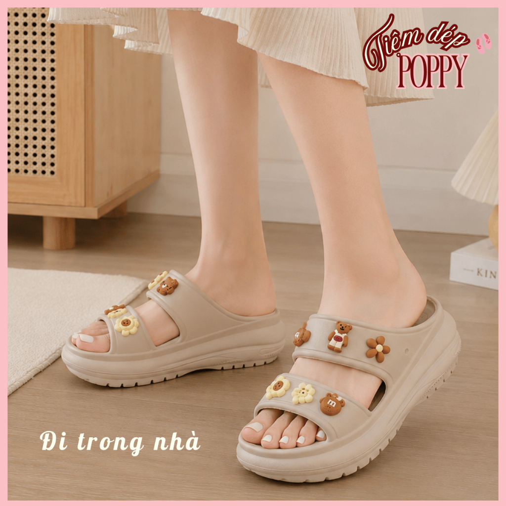 Dép Bánh Mì Nữ Đế Cao 6cm Chống Trơn Trượt, Dép 2 Quai Ngang Tặng Kèm Charm Gấu Trái Tim Dễ Thương
