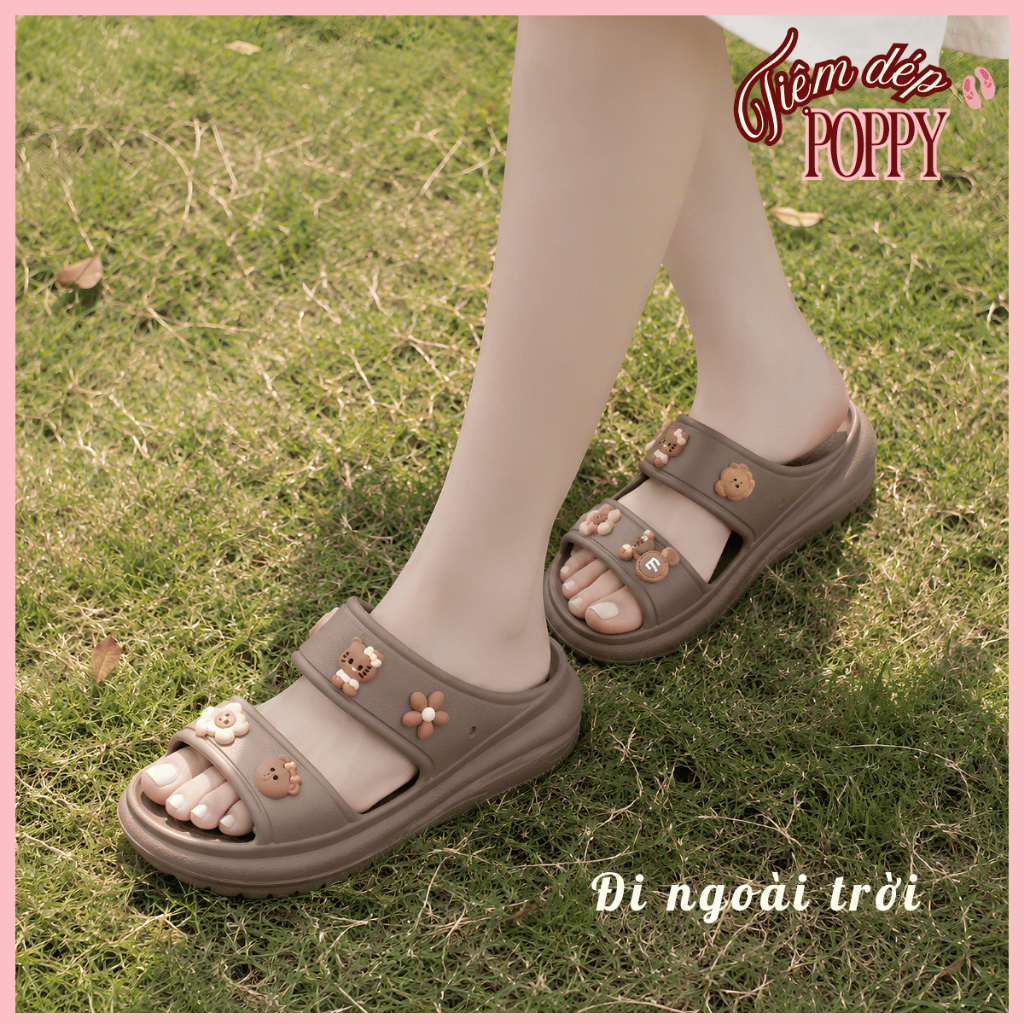 Dép Bánh Mì Nữ Đế Cao 6cm Chống Trơn Trượt, Dép 2 Quai Ngang Tặng Kèm Charm Gấu Trái Tim Dễ Thương