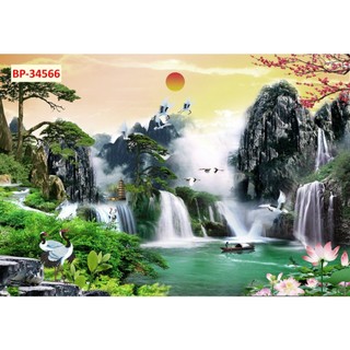 Tranh dán tường 3D cảnh thác nước, rừng cây SƠN THUỶ hùng vỹ