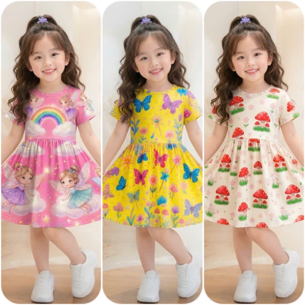 Combo 3 VÁY CÓ TAY bé gái chất cotton 4 chiều mềm mát đủ size từ 10-45kg