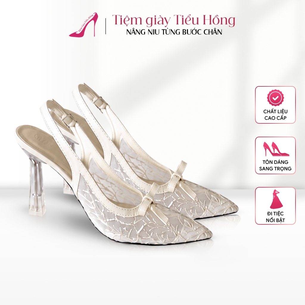 Giày Cao Gót Nữ Mũi Nhọn Sương Mai Nơ Thắt Điệu Đà Giày Ren Lưới Tiệm Giày Tiểu Hồng TH466