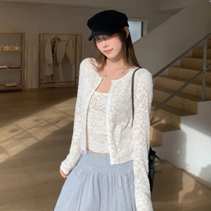 Set Cardigan Ren Nữ Tay Dài Phối Áo 2 Dây Mỏng Nhẹ Tiểu Thư Hàn Quốc Mùa Thu Đông Kimee - KA932