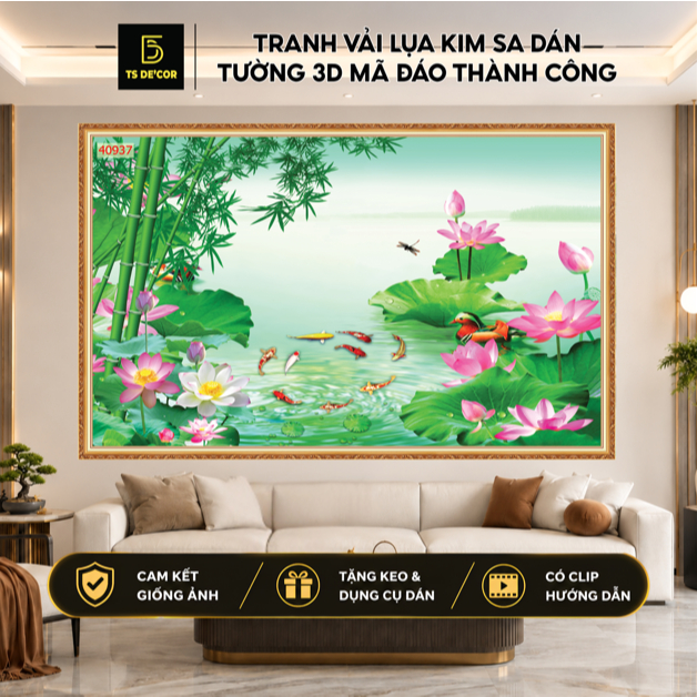 Tranh lụa 3D dán tường phong thủy cá chép hoa sen, cửu ngư quần hội