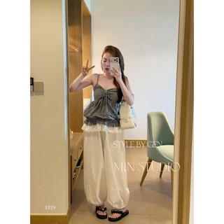 Set Bộ Đồ Nữ Áo 2 Dây Đũi Hoa Nhí Nơ NGực Phối Gấu Ren Trắng Mix Quần Thô Mềm Boom Gấu Ống Rộng