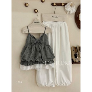 Set Bộ Đồ Nữ Áo 2 Dây Đũi Hoa Nhí Nơ NGực Phối Gấu Ren Trắng Mix Quần Thô Mềm Boom Gấu Ống Rộng