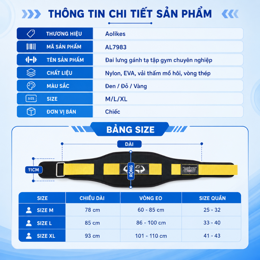 Đai lưng tập gym 2 Lớp Aolikes A-7983, đai lưng gym bảo vệ lưng, cột sống