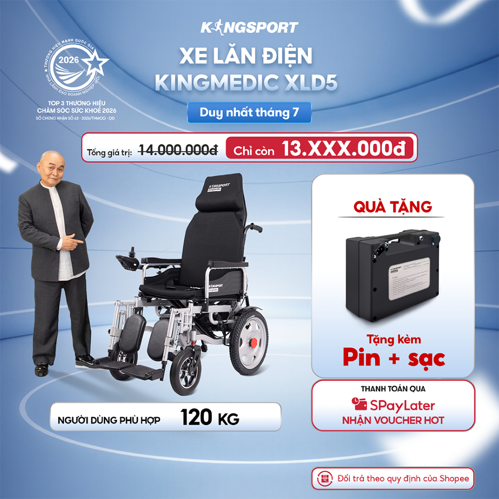 CHỈ GIAO MIỀN NAM | [TẶNG KÈM PIN, SẠC] Xe lăn điện KINGSPORT KINGMEDIC XLD5 tải trọng đến 120kg