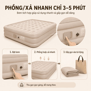 Đệm hơi gấp gọn 1/2/3 người, Queen size tự động, có bơm điện/sạc, tặng gối ngủ. Dày êm, dùng trong nhà, du lịch, cắm trạ