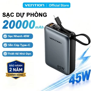 Sạc Dự Phòng 20000mAh 45W Vention PD3.0 Tốc Độ Cao,Thiết Kế Nhỏ Gọn, Tích Hợp Dây Type-C, Cho Điện Thoại,Tai Nghe,Tablet