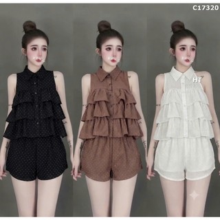 Set Bộ Đồ Nữ Đũi Bi Nhí Áo Sát Nách Cổ Sơ Mi Cúc Càu Dọc Bèo Tầng Dáng Ngắn Mix Quần Sooc Đùi