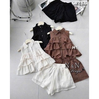 Set Bộ Đồ Nữ Đũi Bi Nhí Áo Sát Nách Cổ Sơ Mi Cúc Càu Dọc Bèo Tầng Dáng Ngắn Mix Quần Sooc Đùi