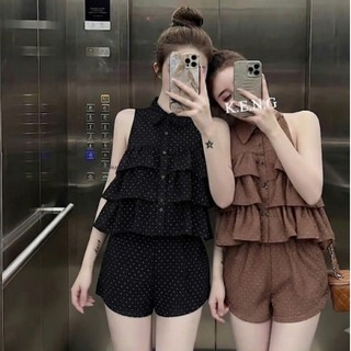 Set Bộ Đồ Nữ Đũi Bi Nhí Áo Sát Nách Cổ Sơ Mi Cúc Càu Dọc Bèo Tầng Dáng Ngắn Mix Quần Sooc Đùi