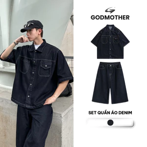 Set Quần Áo Denim GODMOTHER 2026 Đồ Bộ Nam Denim (Áo + Quần) Cộc Tay Form Rộng Trẻ Trung Cao Cấp