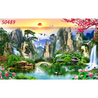 Tranh SƠN THUỶ 3D phong cảnh thác nước chảy, sông suối nên thơ