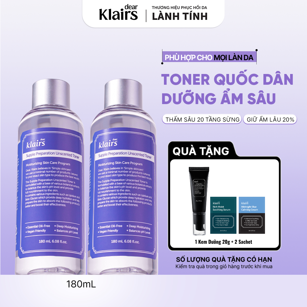 [ĐQ] Combo 2 Nước hoa hồng Dear, Klairs Supple Preparation Unscented Toner 180ml cấp ẩm cho mọi loại da