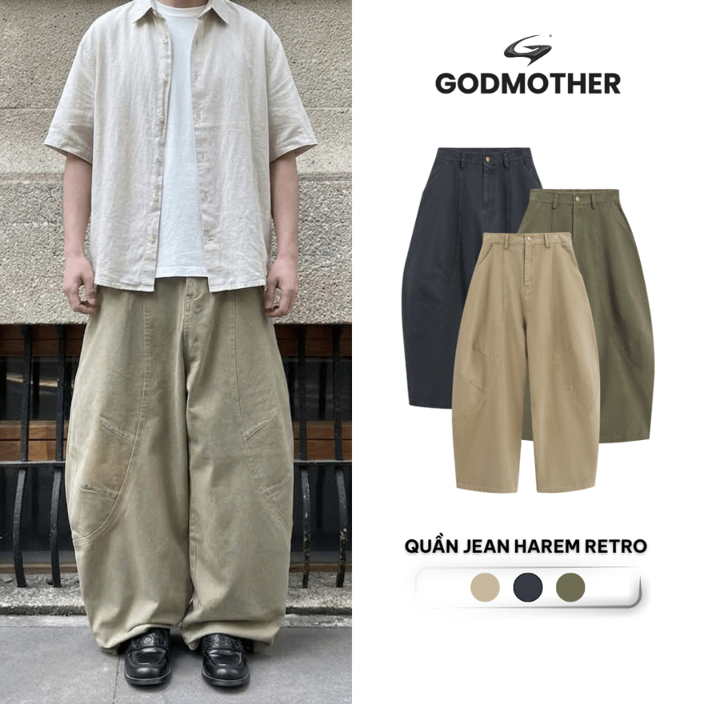 Quần Jean Retro Form Rộng GODMOTHER Quần Jean Harem Cạp Trễ Túi Kiểu Phong Cách Đường Phố Năng Động HAREM
