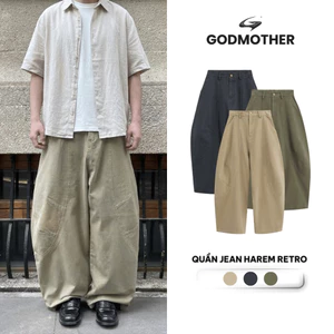 Quần Jean Retro Form Rộng GODMOTHER Quần Jean Harem Cạp Trễ Túi Kiểu Phong Cách Đường Phố Năng Động