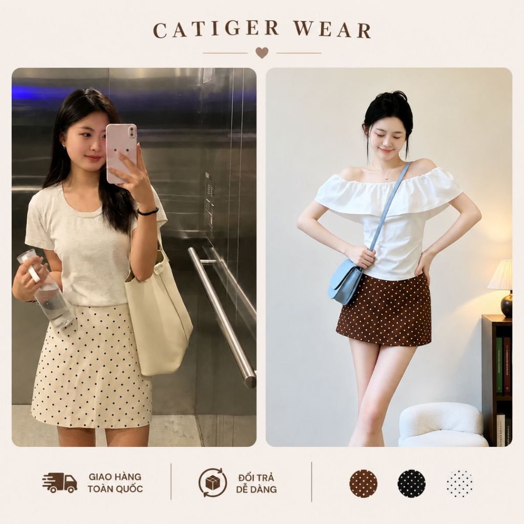 [DEAL MỞ BÁN] Chân Váy Chữ A Chấm Bi Dáng Ngắn 3 Khoá Kéo - Kèm Quần Bảo Hộ - Dễ Phối Đồ