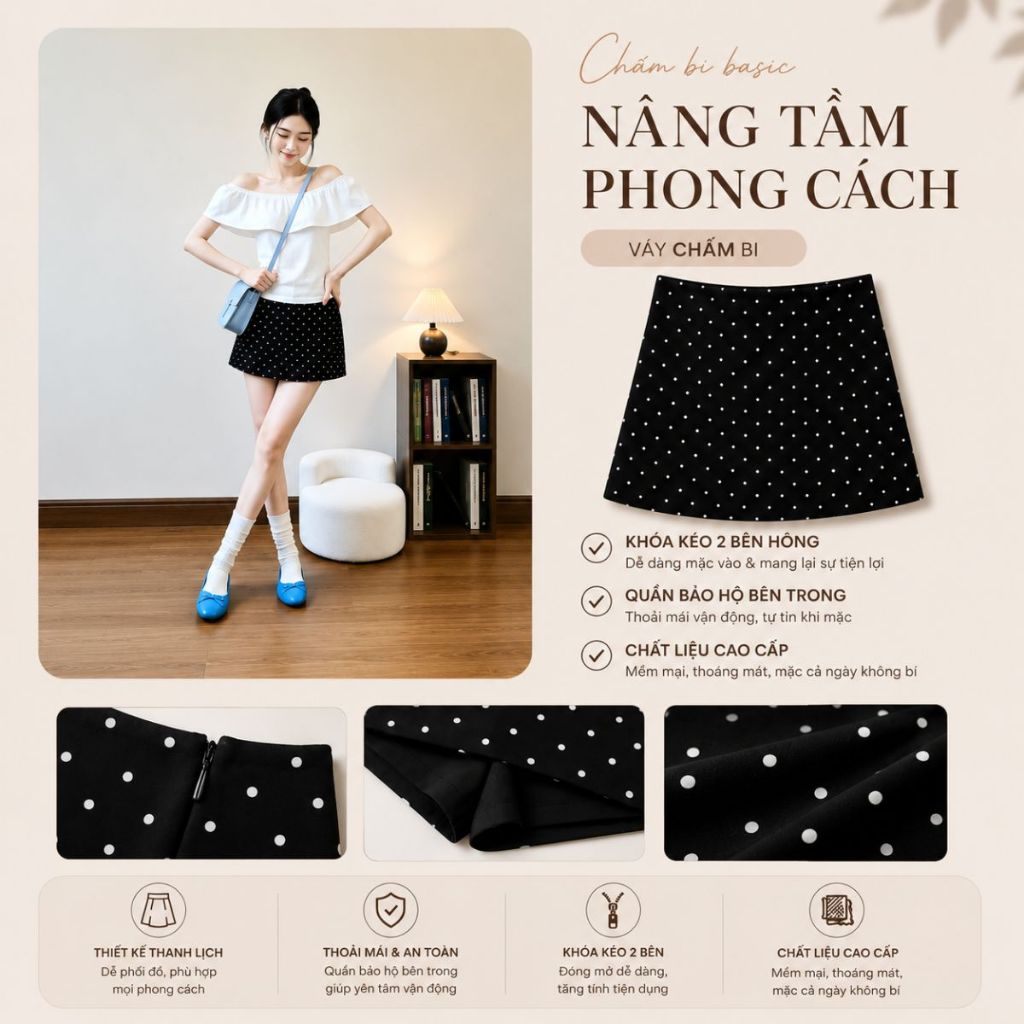 [DEAL MỞ BÁN] Chân Váy Chữ A Chấm Bi Dáng Ngắn 3 Khoá Kéo - Kèm Quần Bảo Hộ - Dễ Phối Đồ