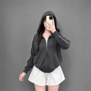 Áo khoác nữ Bigsize lửng tay dài kèm mũ sọc trắng kéo dài 2 bên cánh tay chất poly mềm mát xinh xắn trẻ trung - KHOAC14