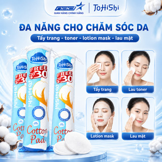 Bông tẩy trang Tohishi 100% cotton mềm mịn, không xơ bông, phù hợp với mọi loại da túi 100 miếng