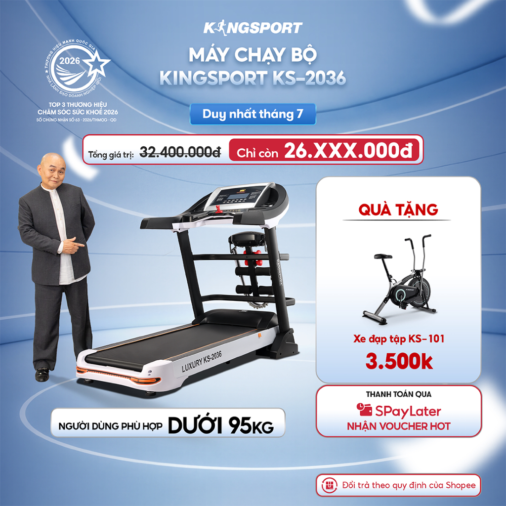 Máy chạy bộ tại nhà Kingsport Luxury KS-2036 chức nâng dốc tự động, 12 bài tập đa dạng