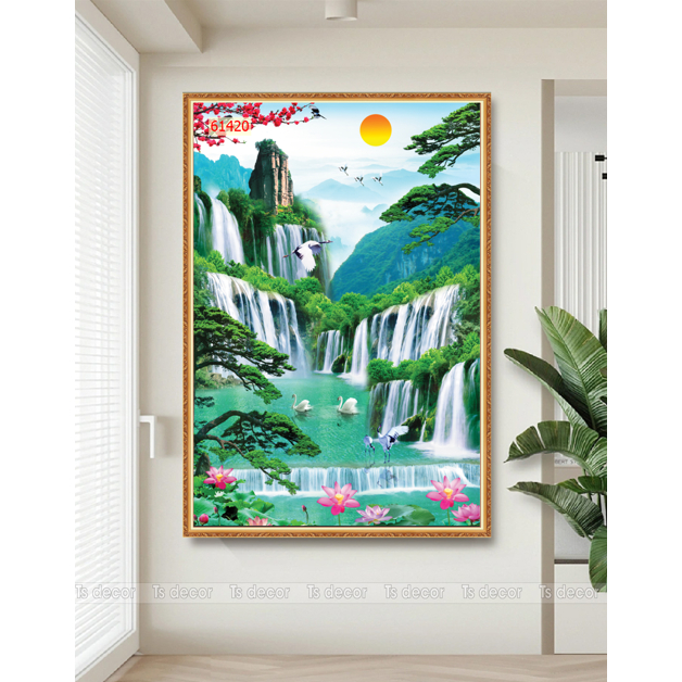Tranh 3D Thác Nước. Vải Lụa Kim Sa Cao Cấp...