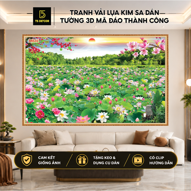 Các mẫu tranh lụa dán tường cao cấp phong thủy cảnh đẹp hồ sen