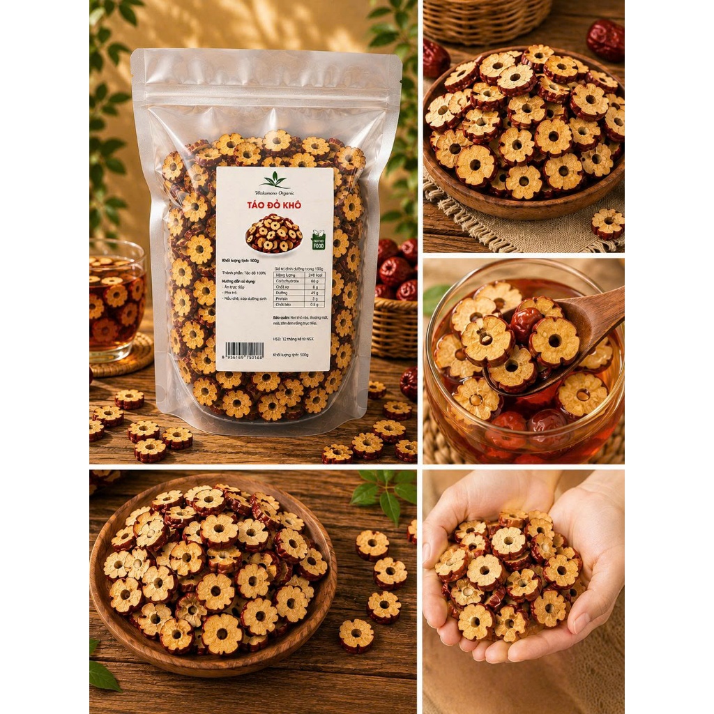 Táo đỏ Nhược Khương Cắt lát  Wakamono Organic 500g/túi  Phù hợp nấu ăn, Pha trà, Chưng yến, Chè dưỡng nhan, Sâm bổ lượng