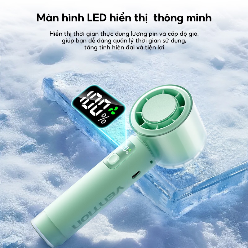 Quạt Cầm Tay Vention 100 Cấp Độ Gió, Gập 90°, Pin 3000mAh 8H, LED Hiển Thị, Motor 13000RPM, Đeo Cổ