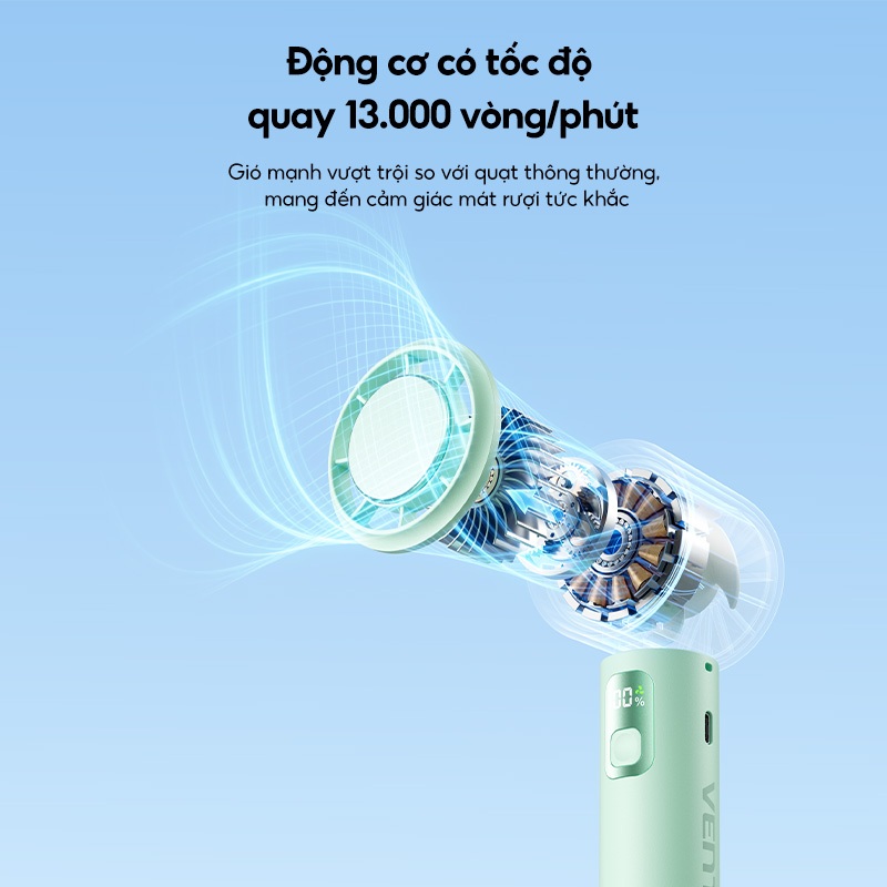 Quạt Cầm Tay Vention 100 Cấp Độ Gió, Gập 90°, Pin 3000mAh 8H, LED Hiển Thị, Motor 13000RPM, Đeo Cổ