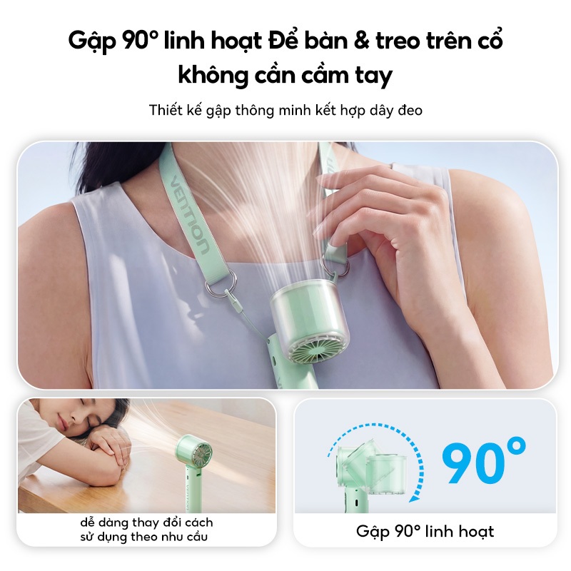 Quạt Cầm Tay Vention 100 Cấp Độ Gió, Gập 90°, Pin 3000mAh 8H, LED Hiển Thị, Motor 13000RPM, Đeo Cổ