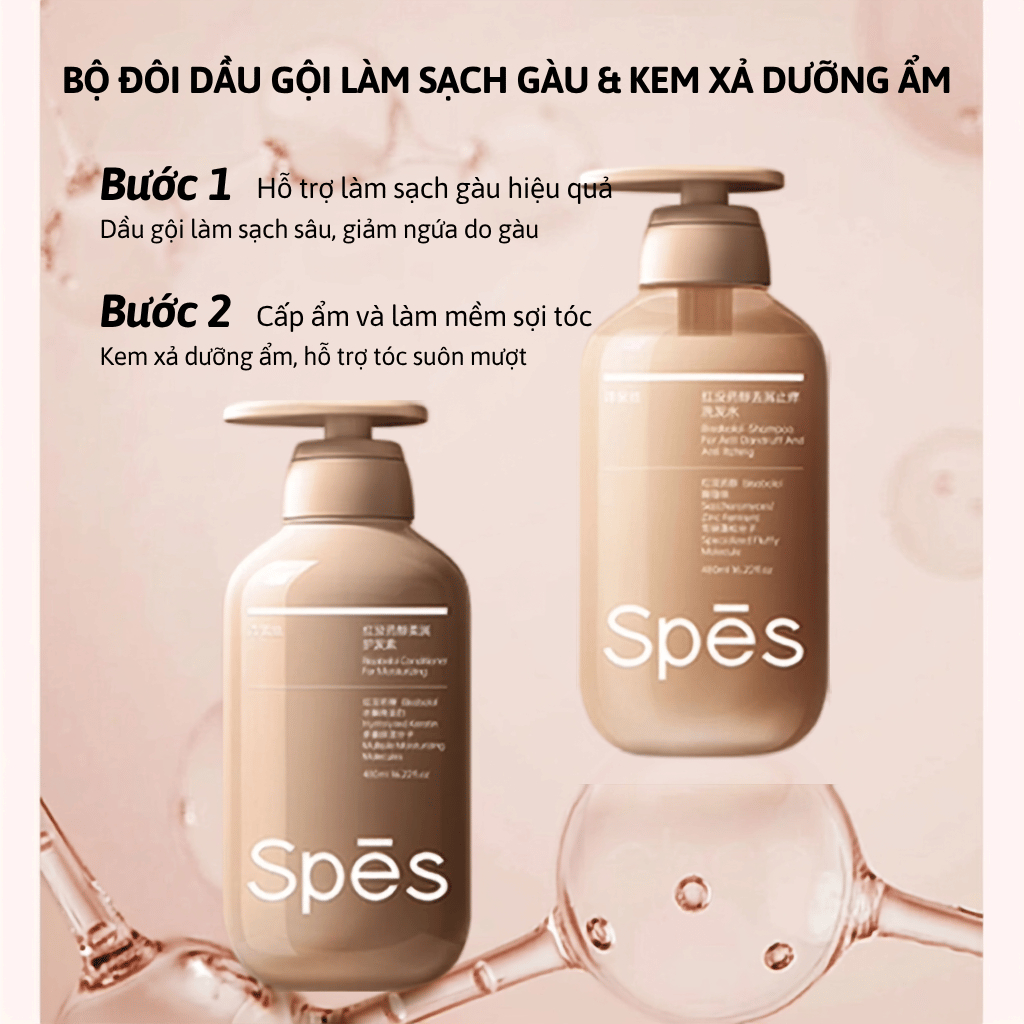 Bộ dầu gội xả SPES Peptide Bisabolol làm sạch da đầu, hỗ trợ giảm gàu, giúp tóc bồng bềnh 480ml