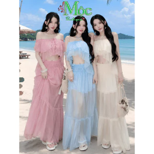 Set đi biển, Set mặc hè pastel áo trễ vai tay bồng dây thắt chất Tơ Nến phối chân váy dáng maxi_QC