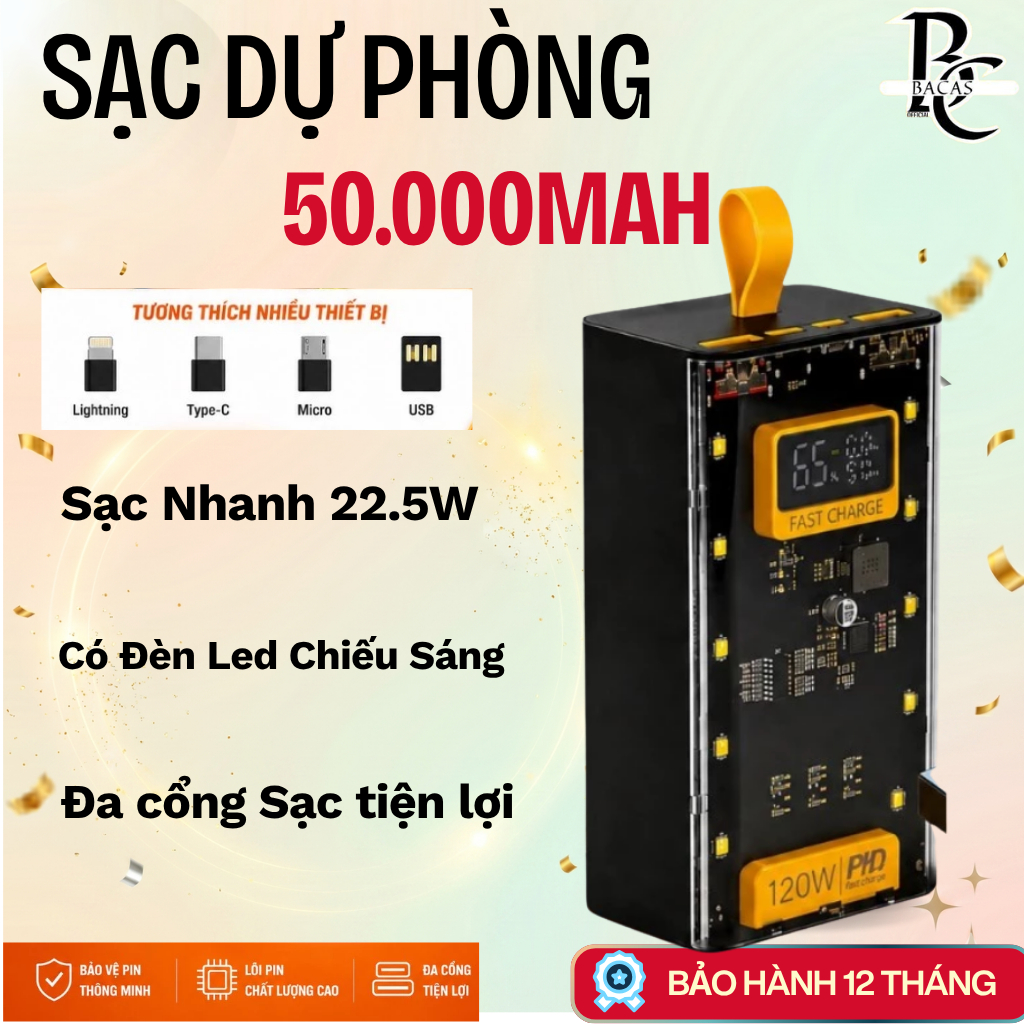 Sạc Dự Phòng 50.000mAh, Công suất cực đại 120W, Thiết kế 4 dây sạc sẵn, Màn hình LED thông minh %Pin