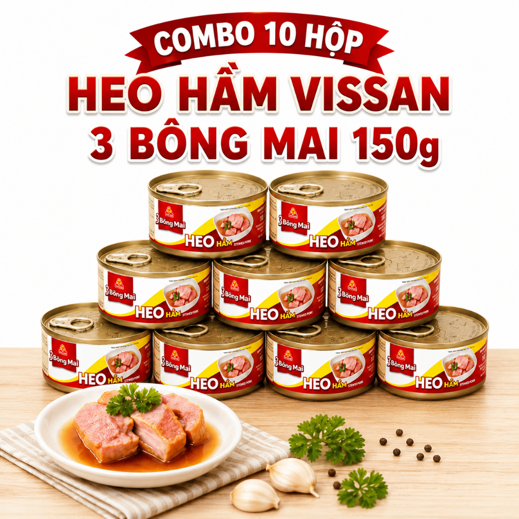 [COMBO 10 HỘP] Heo Hầm 3 Bông Mai Vissan 150g – Chính Hãng Date 2028, HSD 36 Tháng, Ăn Liền Tiện Lợi