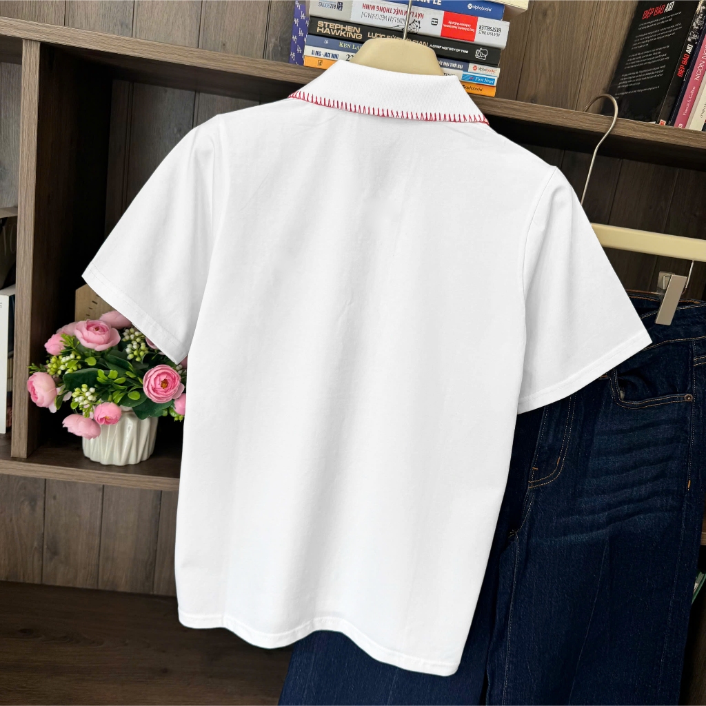 Áo Thun Viền Chỉ Thêu Thanh Lịch, Chất Cotton Mềm Mịn, Có Kèm Hình Thật.