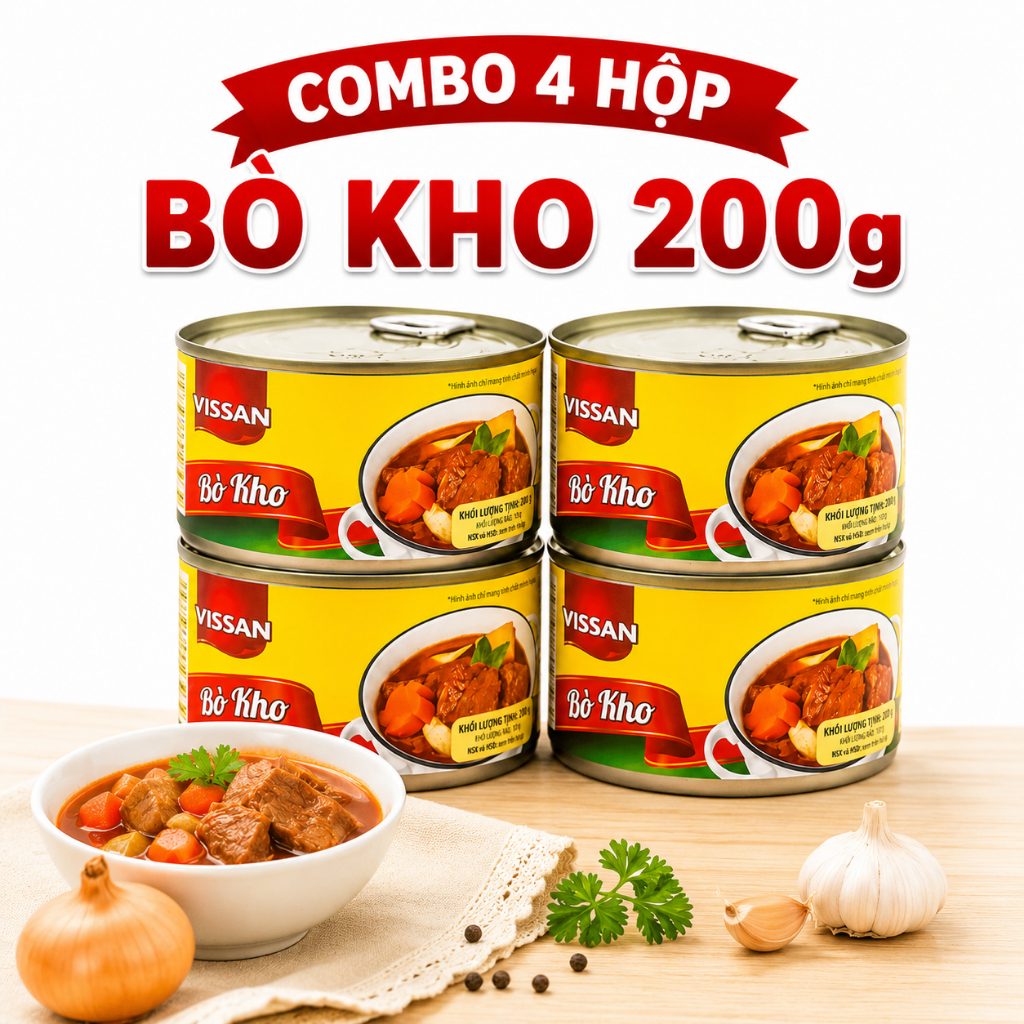 [ Combo 4 Hộp ] Bò Kho Vissan 200g – Chính Hãng Date 2029, HSD 36 Tháng, Ăn Liền Tiện Lợi