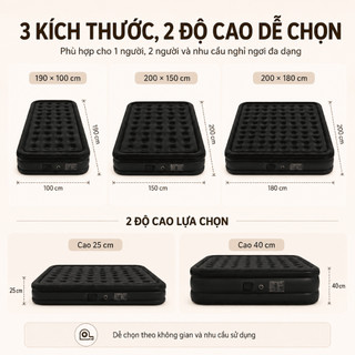 Đệm hơi gấp gọn 1/2/3 người, Queen size tự động, có bơm điện/sạc, tặng gối ngủ. Dày êm, dùng trong nhà, du lịch, cắm trạ