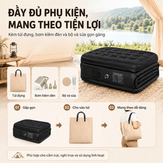 Đệm hơi gấp gọn 1/2/3 người, Queen size tự động, có bơm điện/sạc, tặng gối ngủ. Dày êm, dùng trong nhà, du lịch, cắm trạ