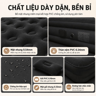 Đệm hơi gấp gọn 1/2/3 người, Queen size tự động, có bơm điện/sạc, tặng gối ngủ. Dày êm, dùng trong nhà, du lịch, cắm trạ