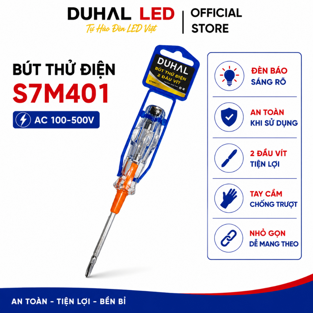 Bút Thử Điện DUHAL S7M401 Thông Minh, Vít Thử Điện 100V – 500VAC 2 Đầu Vít Có Đèn báo