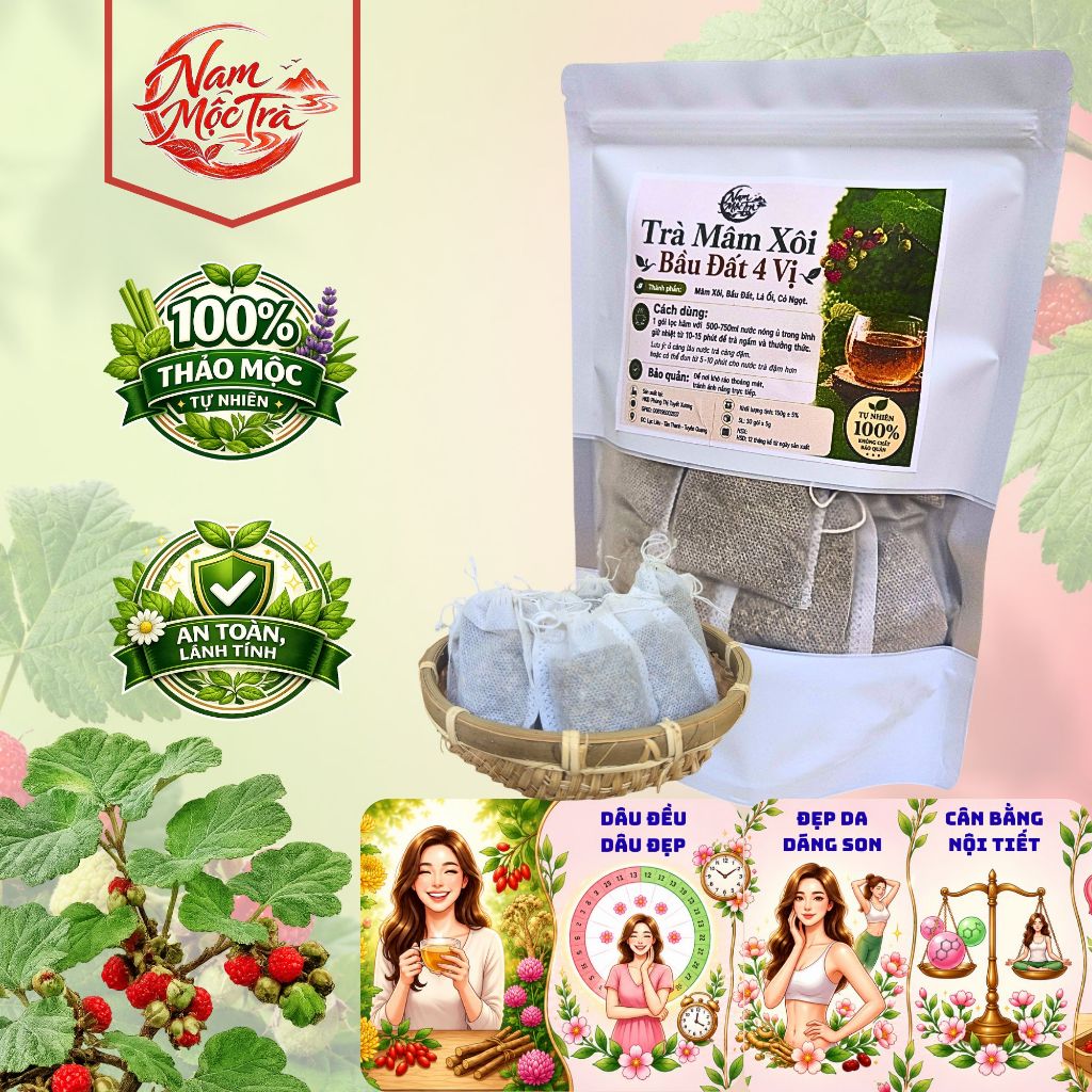 Trà mâm xôi 4 Vị , Mâm Xôi, Bầu Đất ,Lá  Ổi, Cỏ Ngọt, điều kinh, dâu đều, dày niêm mạc, ivf