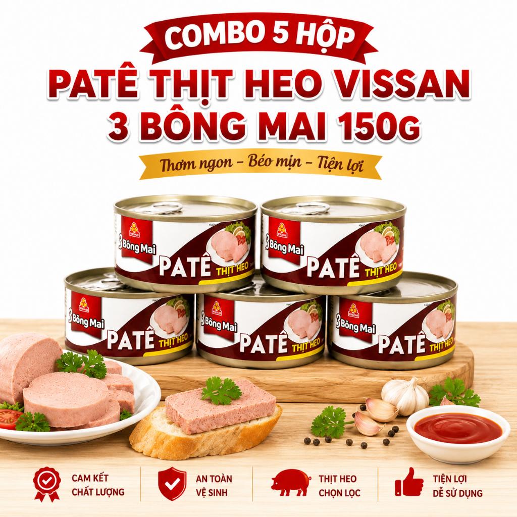 [Combo 5 Hộp] Patê Thịt 3 Bông Mai Vissan 150g – Chính Hãng Date 2028, HSD 36 Tháng, Tiện Lợi