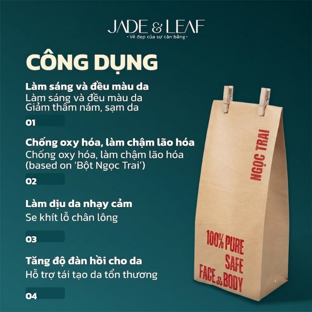 Bột Ngọc Trai Thật Jade&Leaf Cao Cấp, 100% Hữu Cơ Làm Đẹp Đắp Mặt Tắm Trắng Nguyên Chất Đều Màu Da