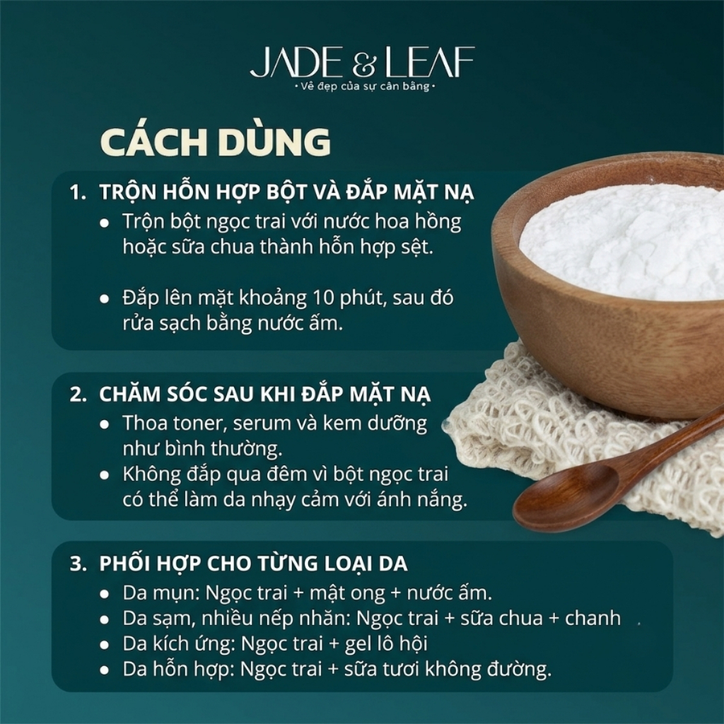Bột Ngọc Trai Thật Jade&Leaf Cao Cấp, 100% Hữu Cơ Làm Đẹp Đắp Mặt Tắm Trắng Nguyên Chất Đều Màu Da