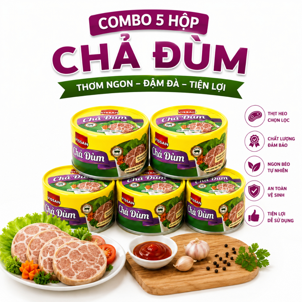 [Combo 5 Hộp] Chả Đùm Vissan – Date 2028, HSD 36 Tháng, Ăn Liền Tiện Lợi